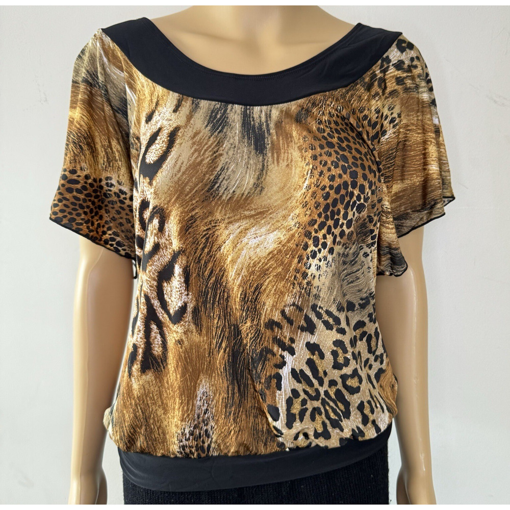 Vintage 90s Leopard Mixed Print Dolman Blouse Draped Slouchy Top L